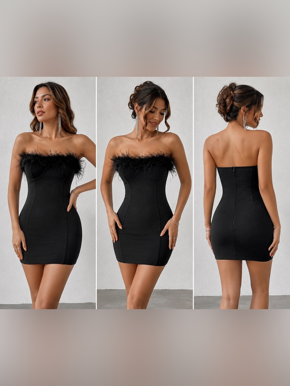 Black strapless feather-trim bodycon mini dress - Large
